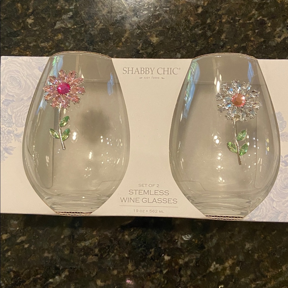 Shabby Chic Floral Stemless Wine Glasses NIB